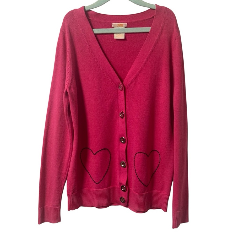 Joe Fresh Girls Cardigan Bright Pink Blue Hearts Button Up Thin Knit Large 10 12